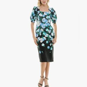 Maison Tara Jacquard Floral Midi Dress Puff Sleeve Black Blue White 6 NWT